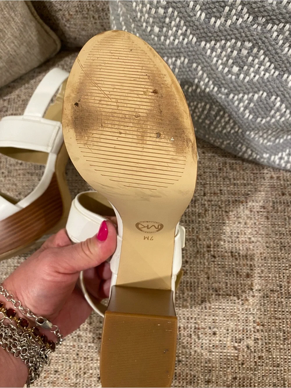 Michael Kors White Platform Block Heel Sandals with Brown Wood-Look Sole